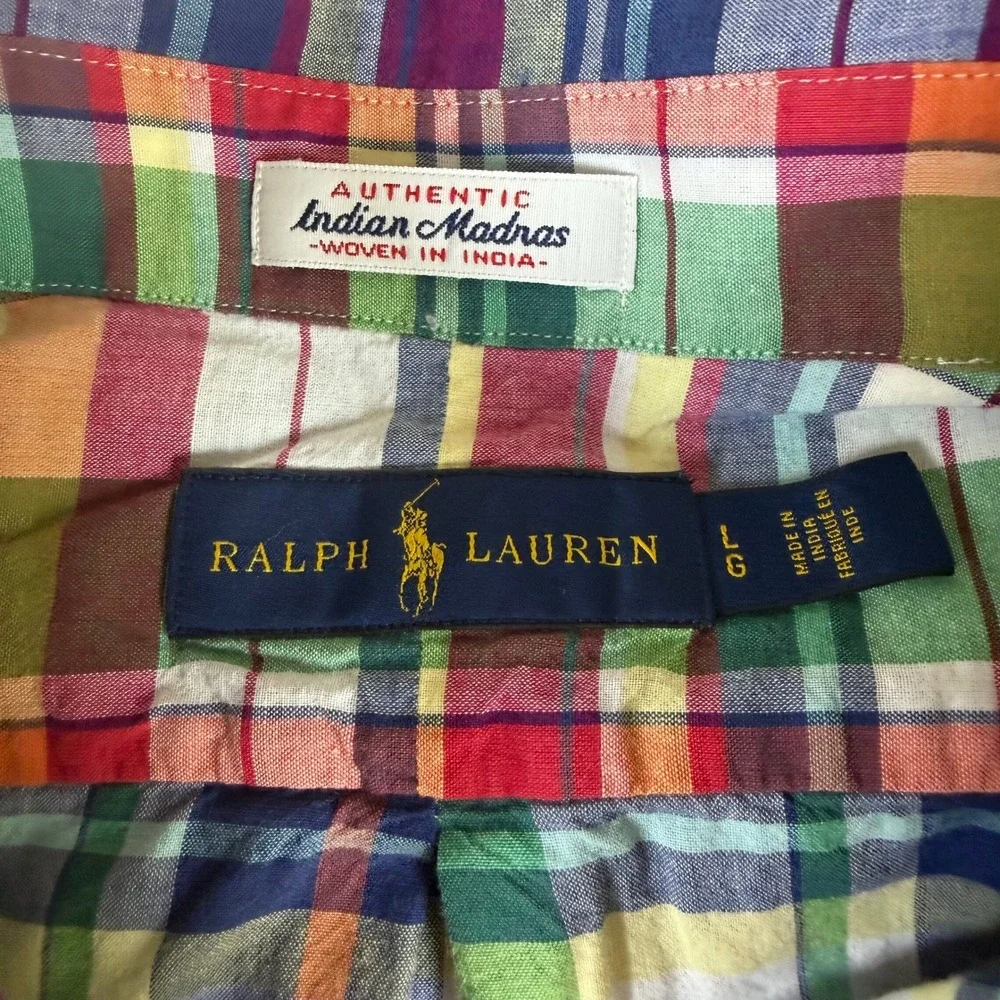 Polo Ralph Lauren Mens Large Madras Plaid Short Sleeve Button Down Shirt Multi